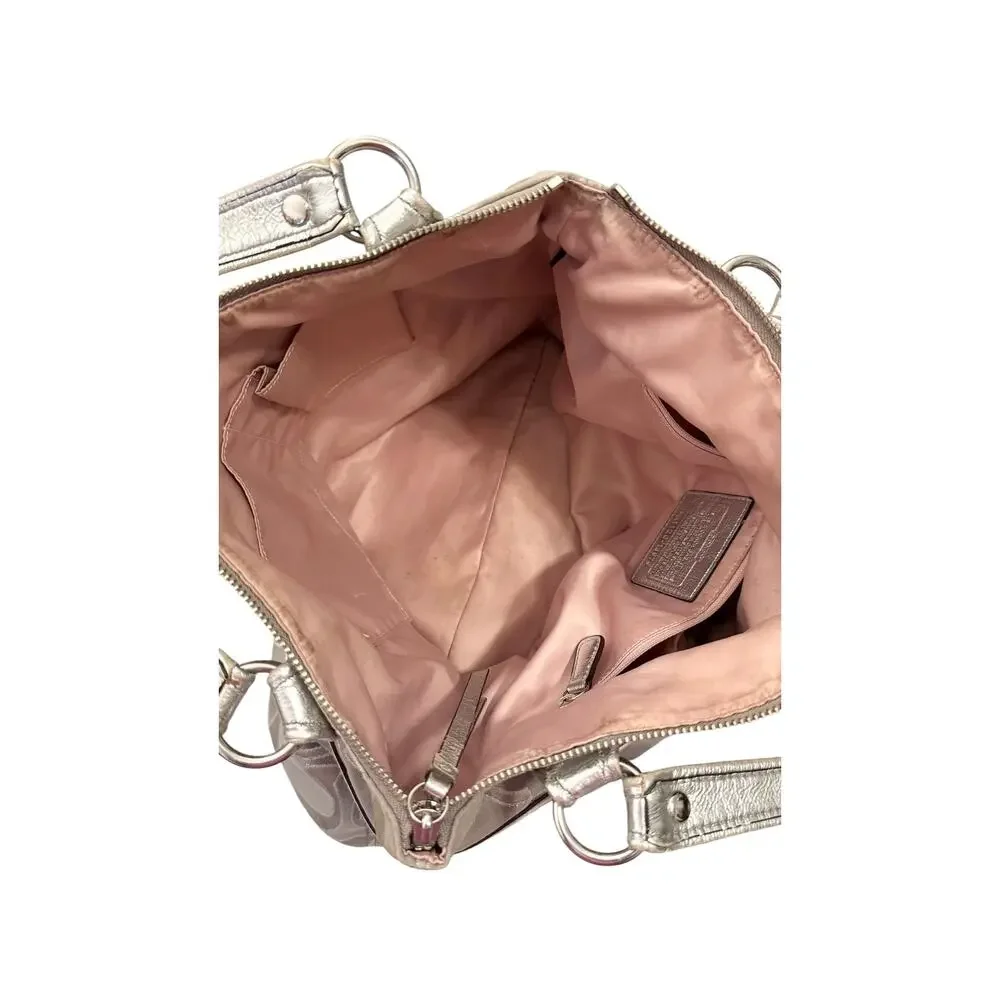 Coach Metallic Signature Jacquard Satchel Champagne Silver Tote Bag Purse - Picture 7 of 8